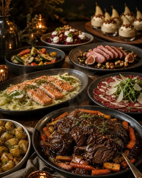 Herfst- en winterbuffet met rundersukade, zalm, carpaccio, eendenborst en seizoensgerechten