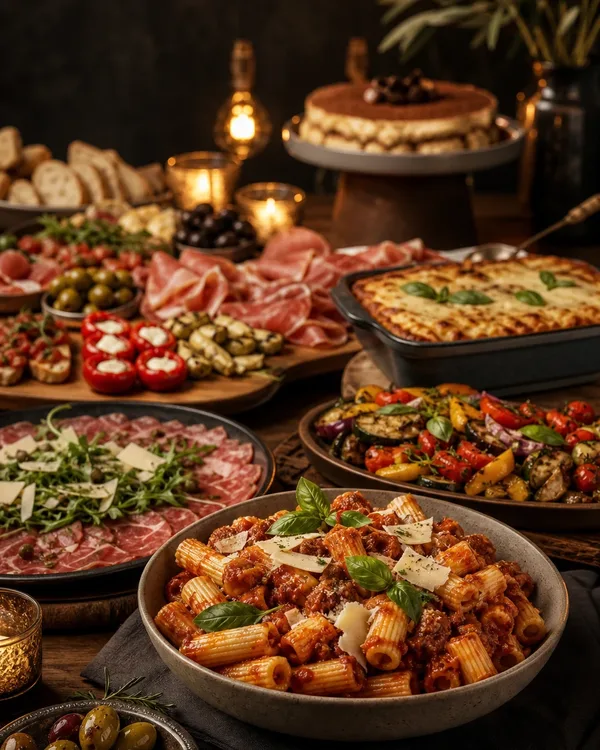 Luxe Italiaans buffet met pasta, carpaccio, antipasti en gegrilde groenten
