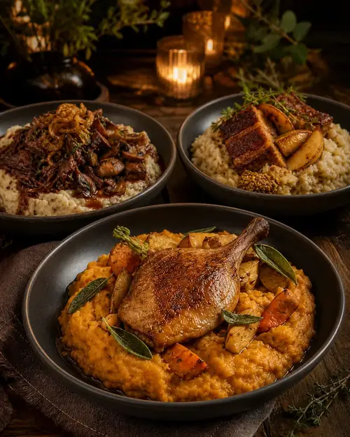 Luxe winterse stamppotten met zoete aardappel en kip, sukade en zuurkool met buikspek